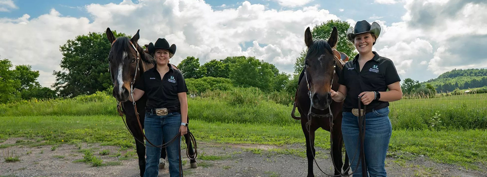 Horses who once relied on classes of students for their care, learned to rely on unheralded equine students and dedicated faculty and staff to keep them going during the COVID-19 quarantine, including Kaitlin Renschen, left, with Donald, and Kendalle Booth with Wilma.