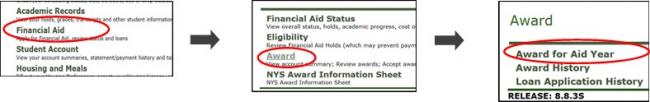 Click on "Financial Aid," then "Award," followed by "Award for Aid Year."